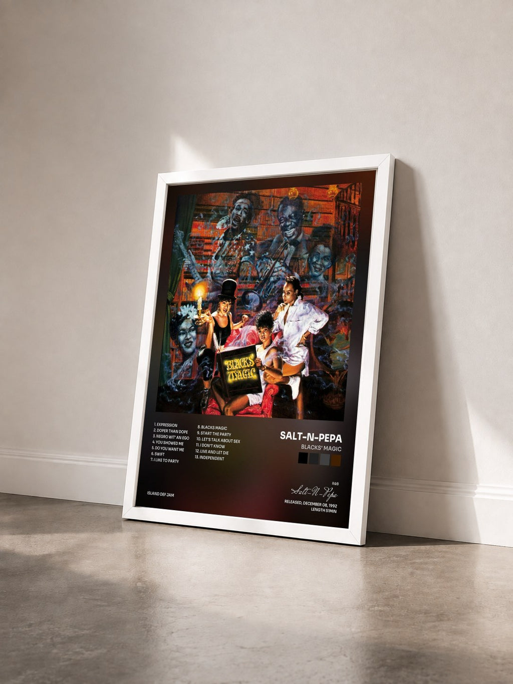 #blanc Tableau de l'album Blacks' Magic de Salt-N-Pepa vu de trois quarts, cadre blanc