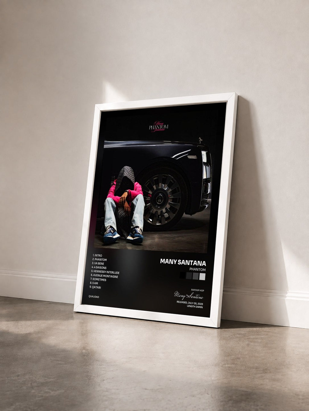 #blanc Tableau de l'album PHANTOM de Many Santana vu de trois quarts, cadre blanc