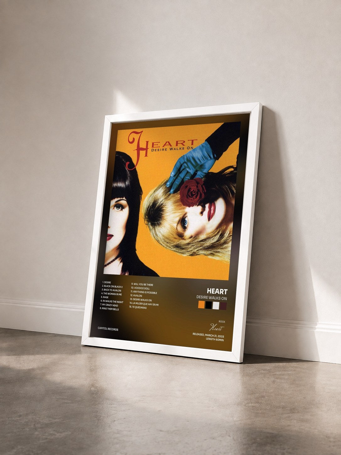 #blanc Tableau de l'album Desire Walks On de Heart vu de trois quarts, cadre blanc