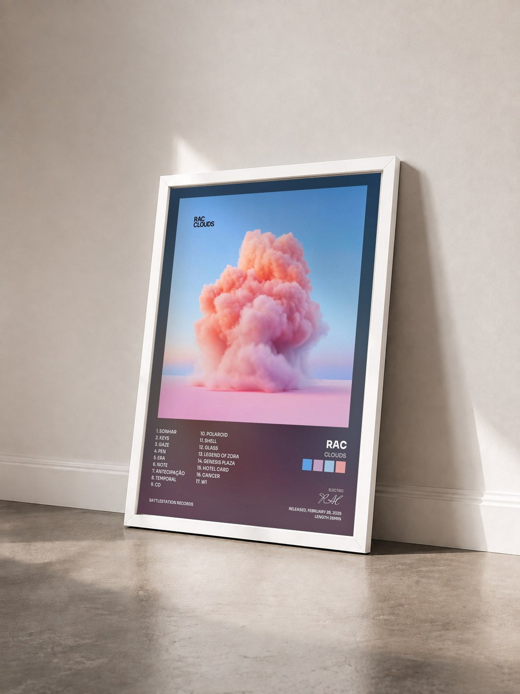 #blanc Tableau de l'album CLOUDS de RAC vu de trois quarts, cadre blanc