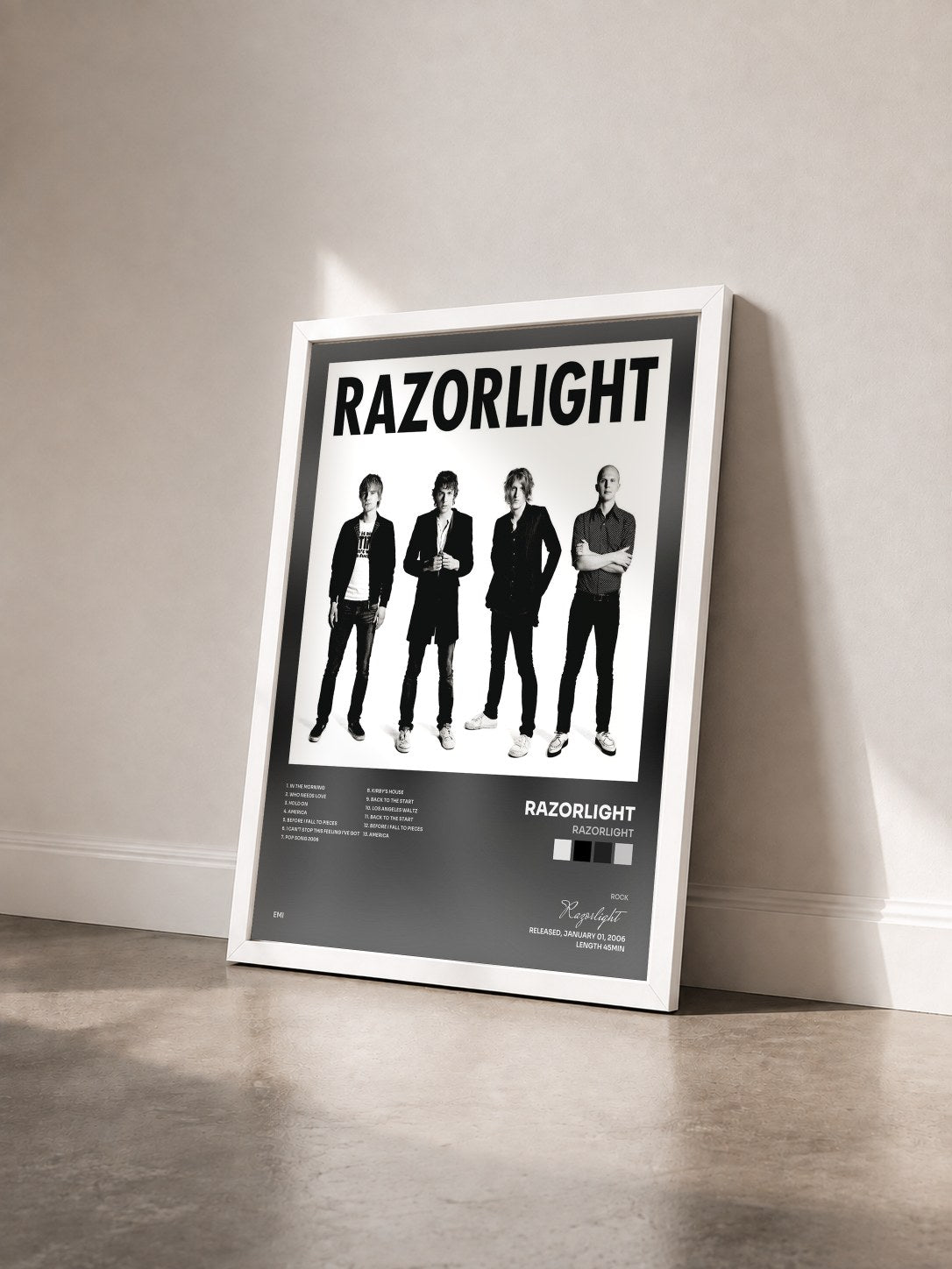 #blanc Tableau de l'album Razorlight de Razorlight vu de trois quarts, cadre blanc