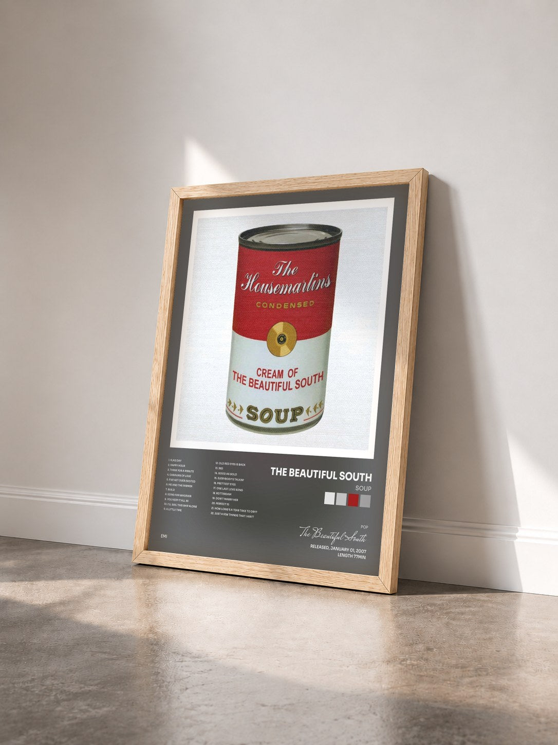 #bois Tableau de l'album Soup de The Beautiful South vu de trois quarts, cadre en bois brut