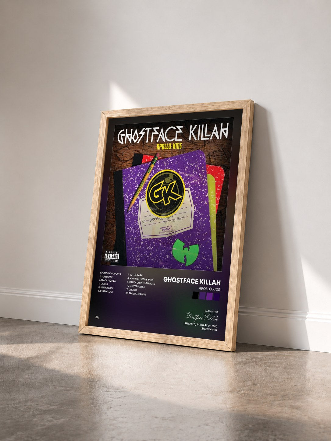 #bois Tableau de l'album Apollo Kids de Ghostface Killah vu de trois quarts, cadre en bois brut