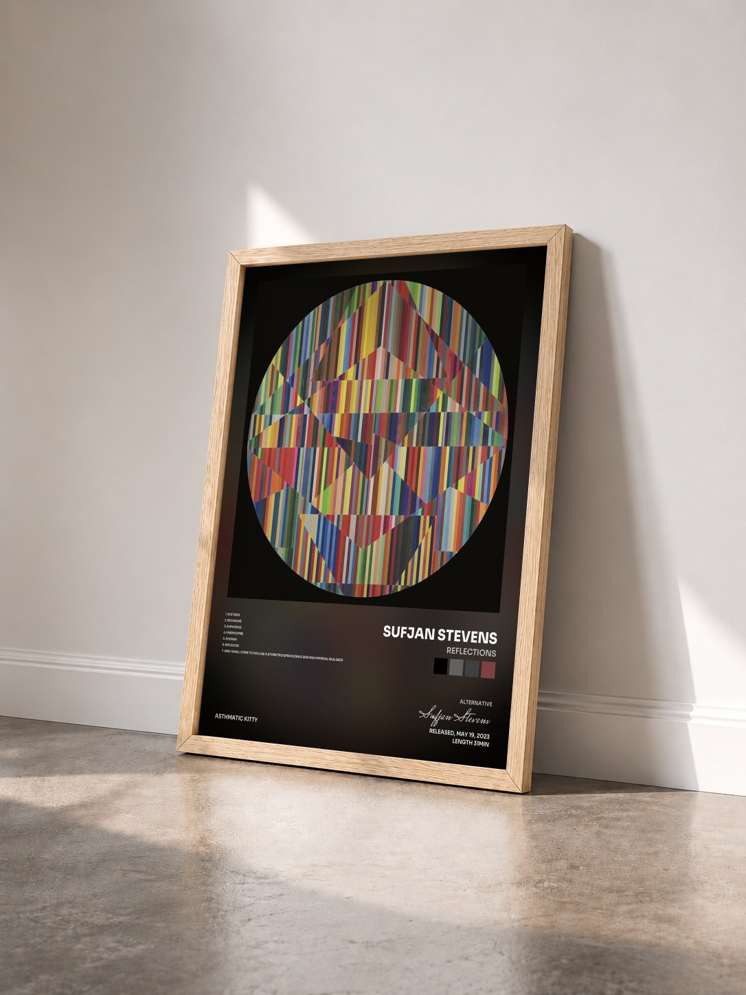 #bois Tableau de l'album Reflections de Sufjan Stevens vu de trois quarts, cadre en bois brut