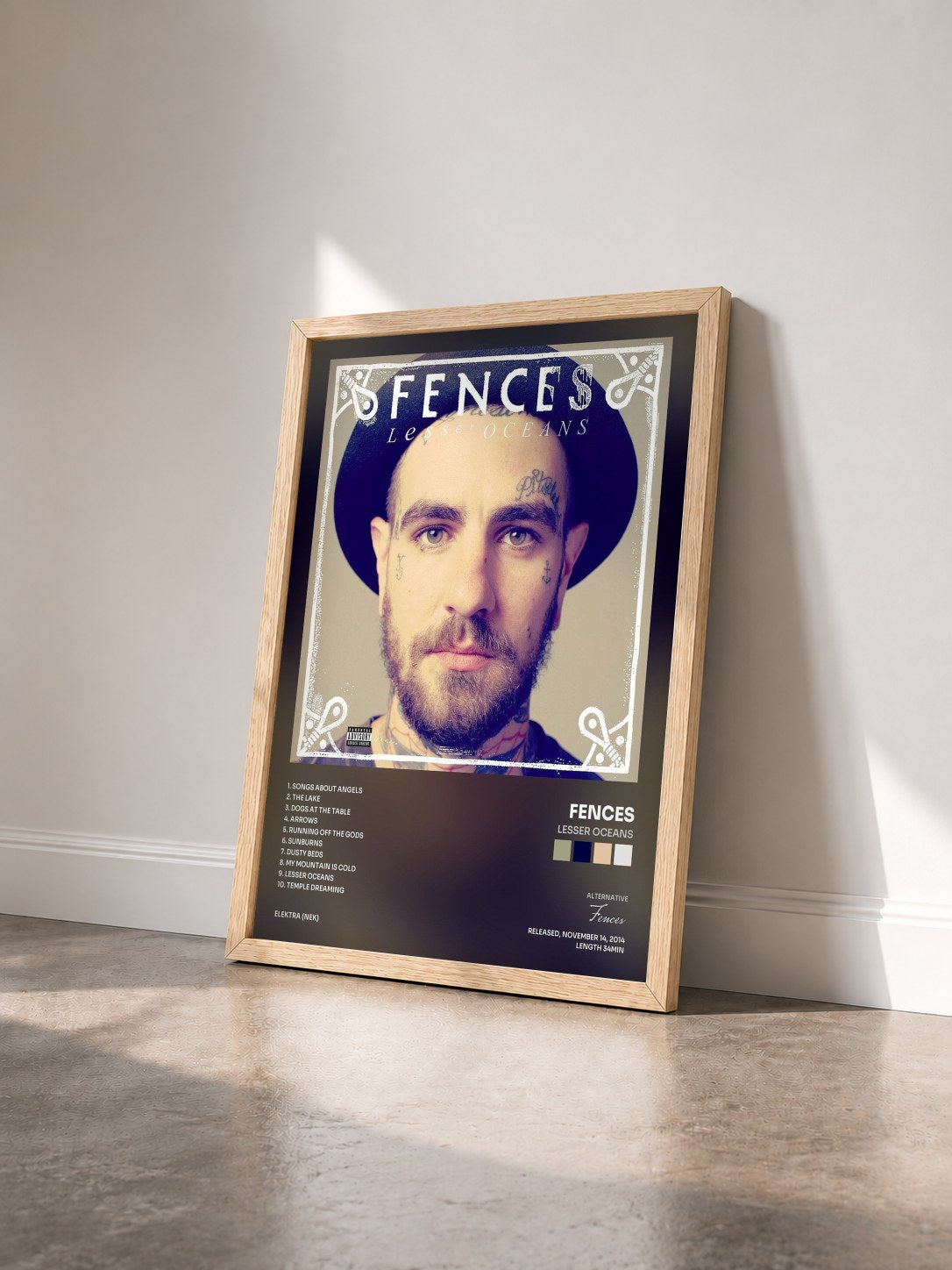 #bois Tableau de l'album Lesser Oceans de Fences vu de trois quarts, cadre en bois brut