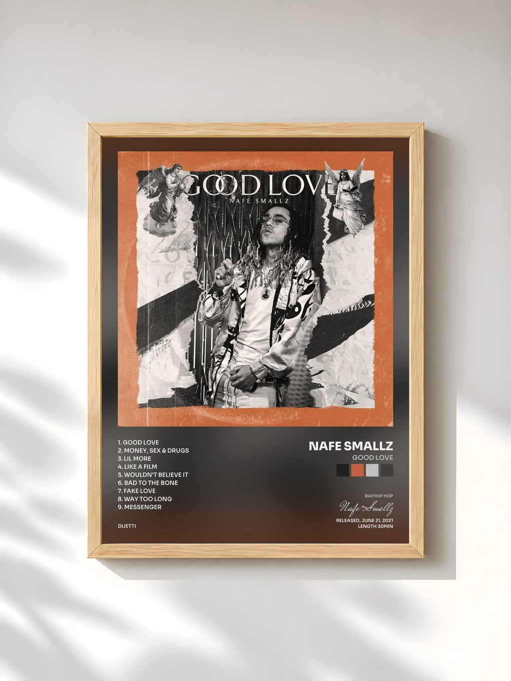 #bois Tableau de l'album Good Love de Nafe Smallz, cadre en bois brut, imprimé et encadré en France