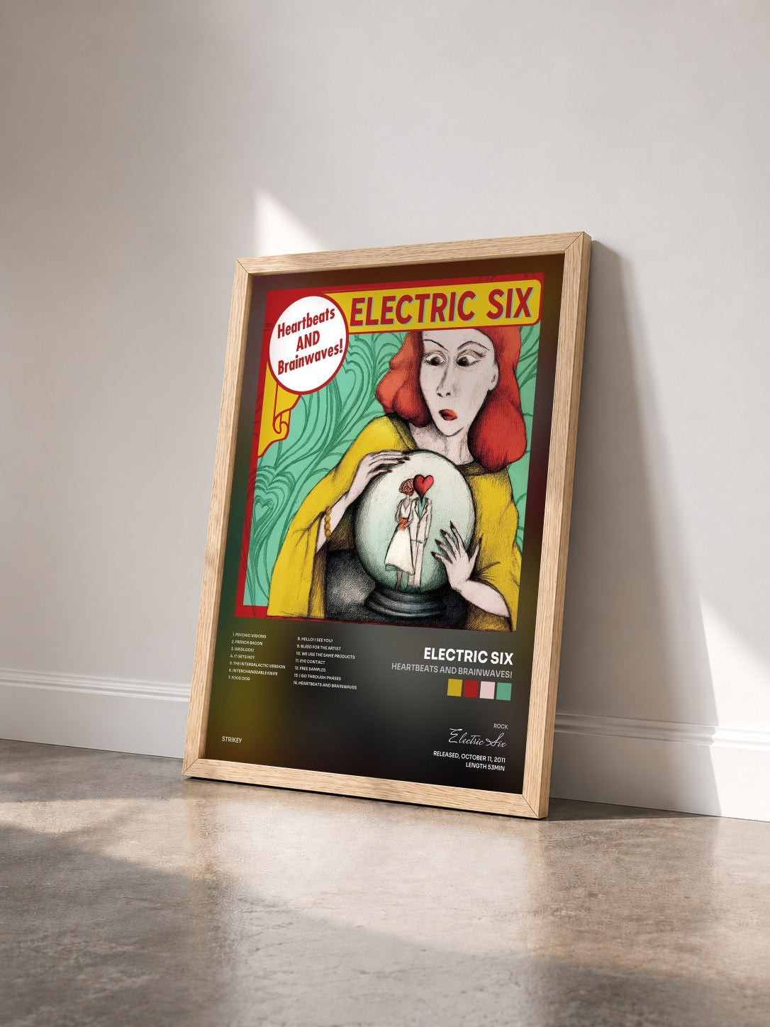 #bois Tableau de l'album Heartbeats and Brainwaves! de Electric Six vu de trois quarts, cadre en bois brut