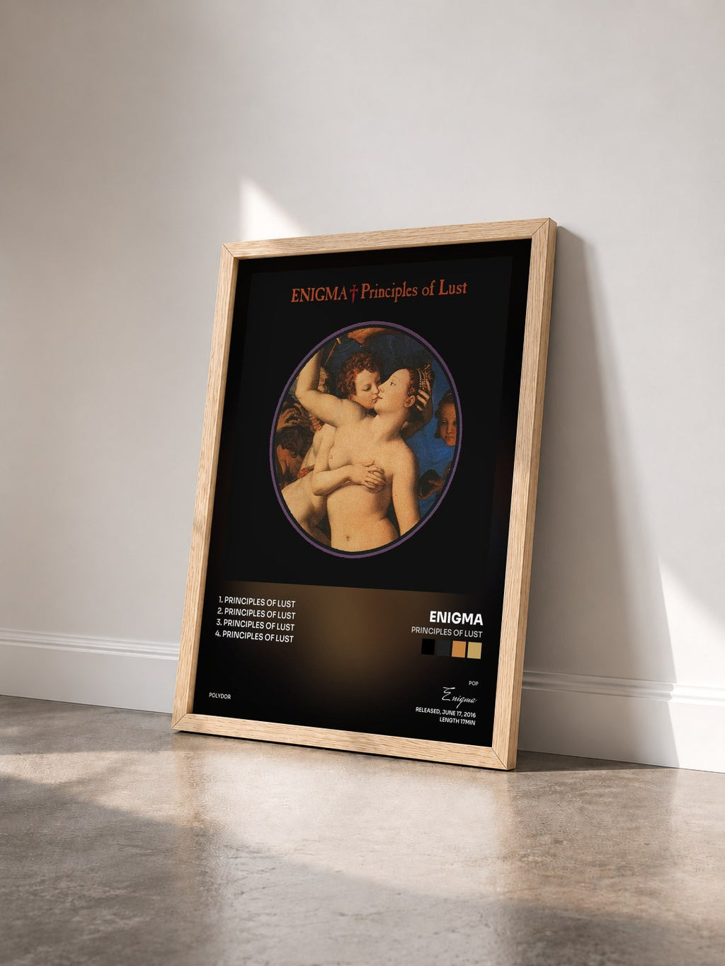 #bois Tableau de l'album Principles Of Lust de Enigma vu de trois quarts, cadre en bois brut