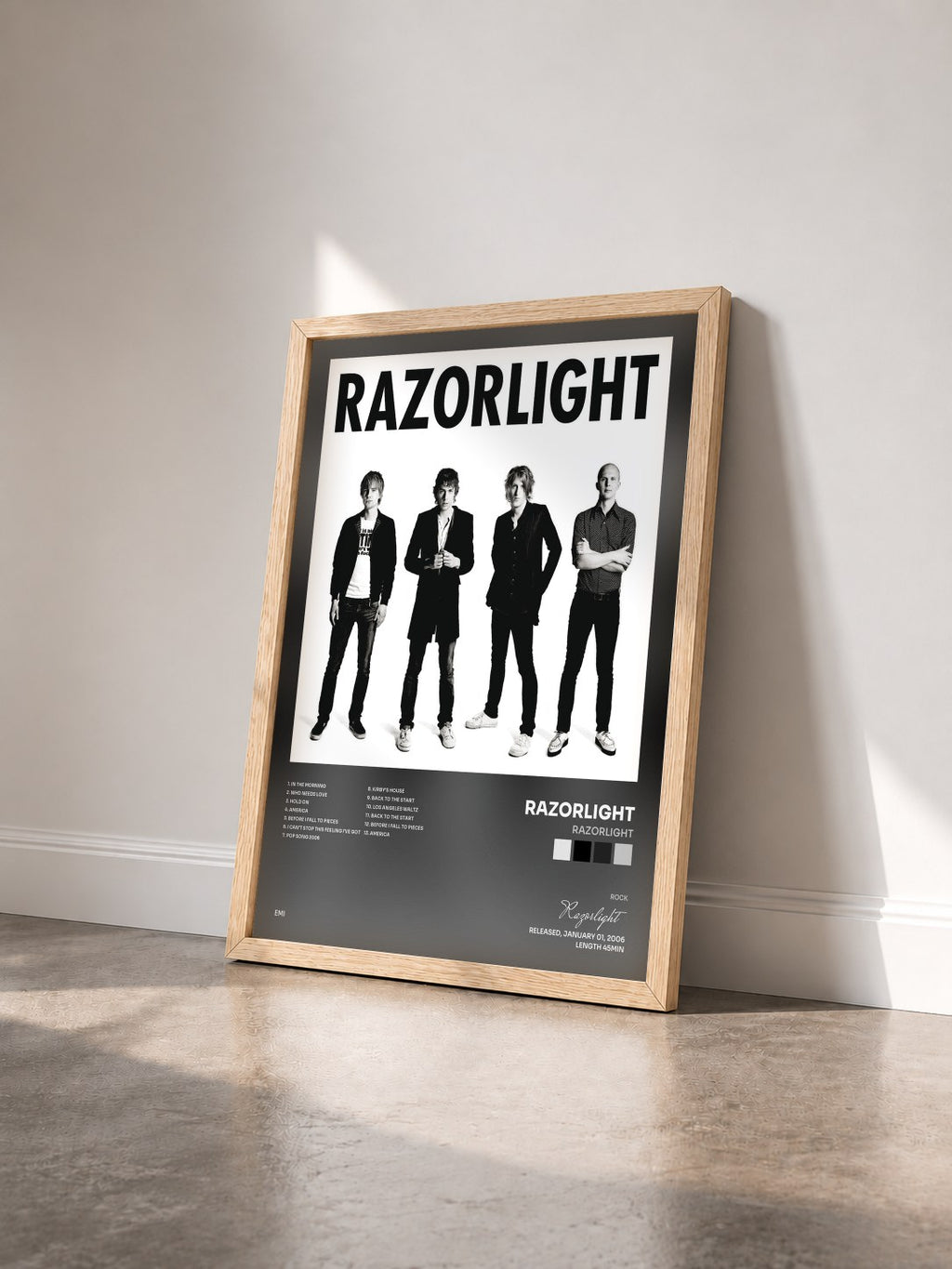 #bois Tableau de l'album Razorlight de Razorlight vu de trois quarts, cadre en bois brut