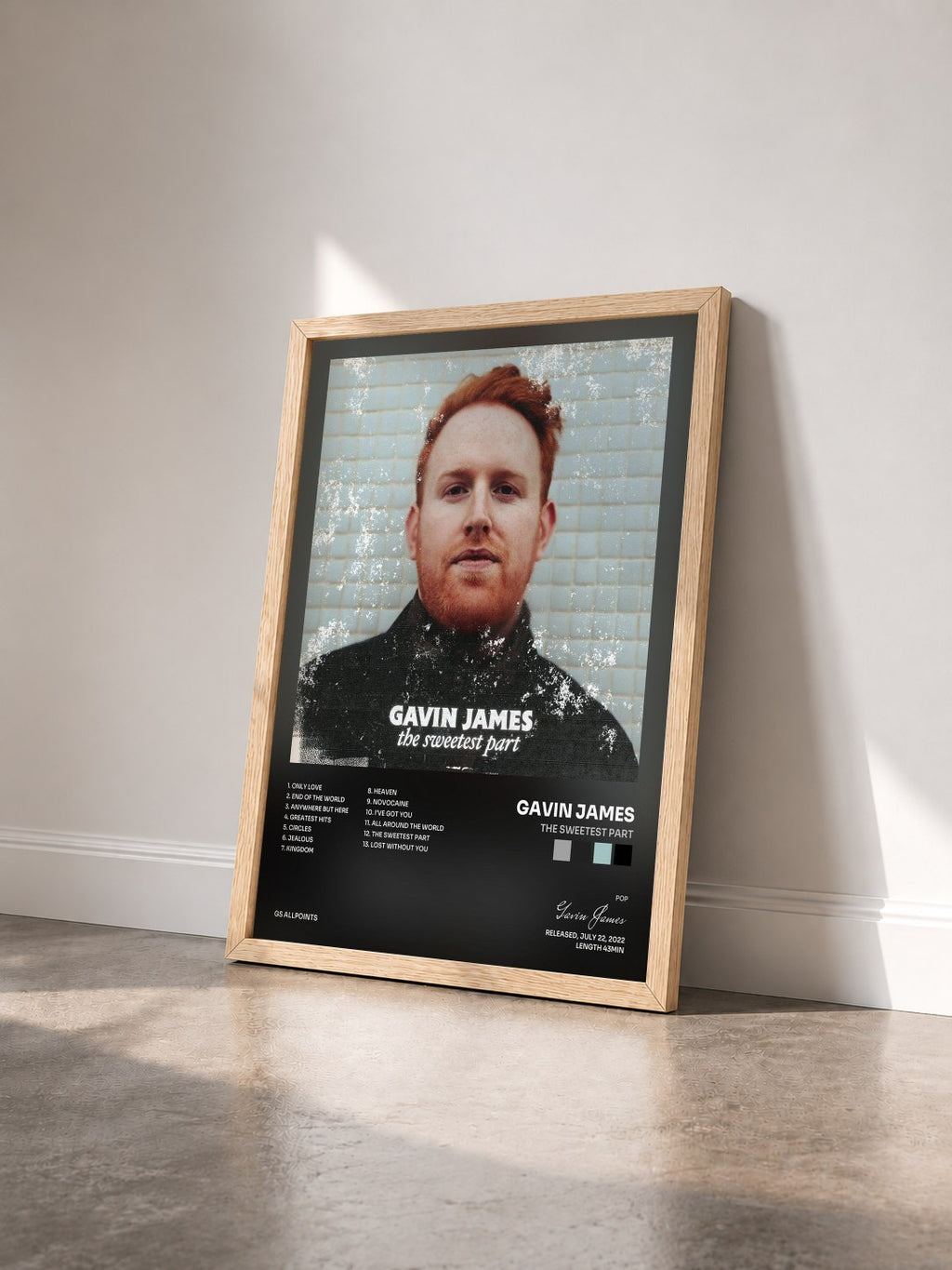 #bois Tableau de l'album The Sweetest Part de Gavin James vu de trois quarts, cadre en bois brut