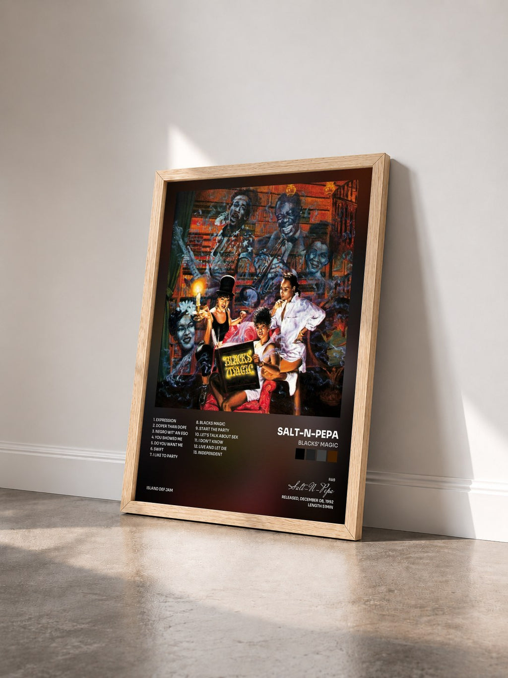 #bois Tableau de l'album Blacks' Magic de Salt-N-Pepa vu de trois quarts, cadre en bois brut