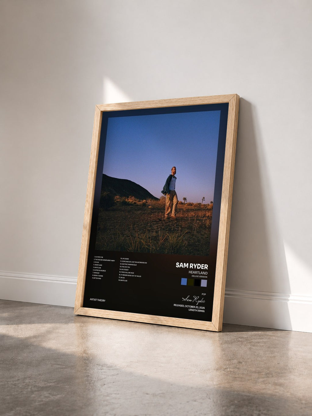 #bois Tableau de l'album Heartland (Deluxe Version) de Sam Ryder vu de trois quarts, cadre en bois brut