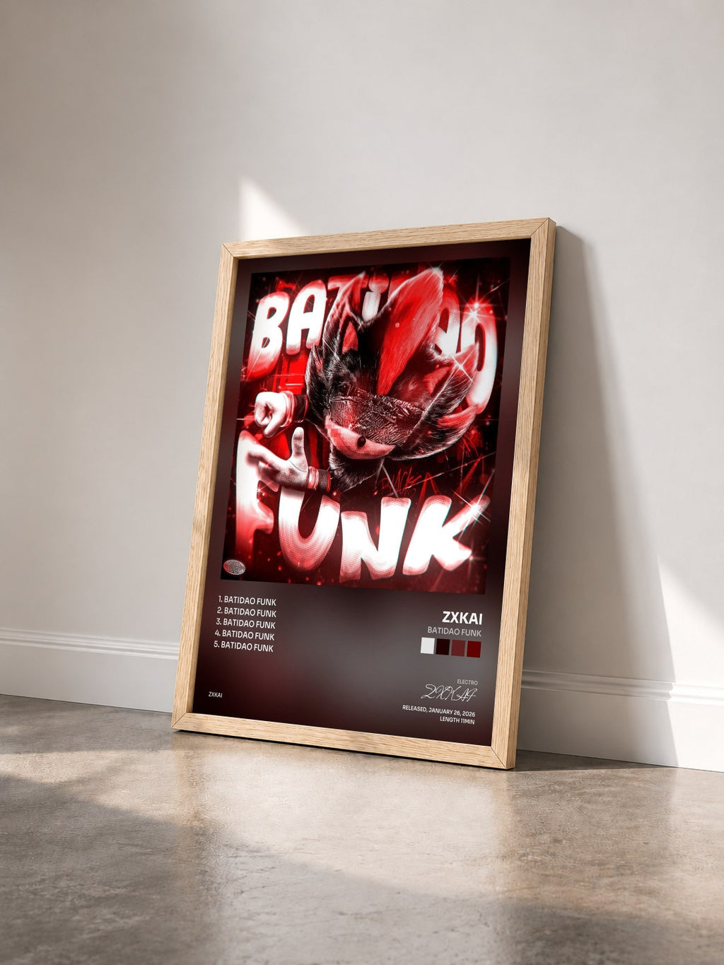 #bois Tableau de l'album BATIDAO FUNK de ZXKAI vu de trois quarts, cadre en bois brut