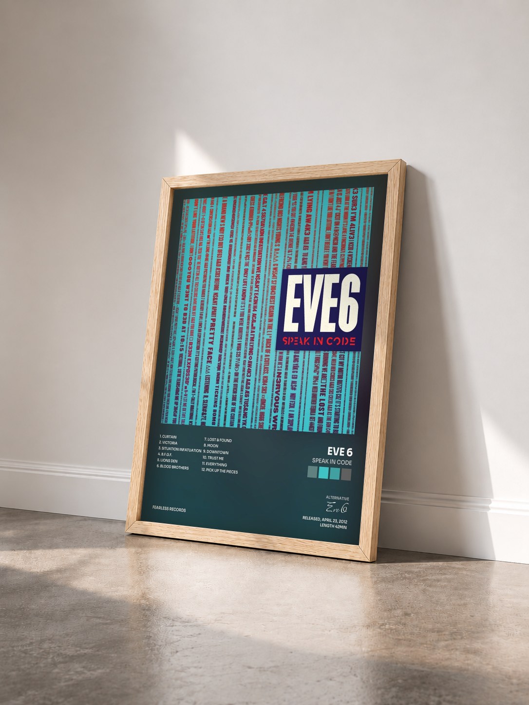 #bois Tableau de l'album Speak In Code de Eve 6 vu de trois quarts, cadre en bois brut