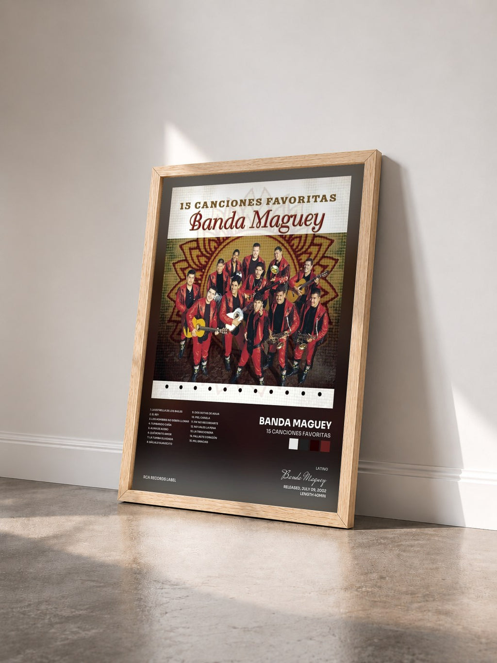 #bois Tableau de l'album 15 Canciones Favoritas de Banda Maguey vu de trois quarts, cadre en bois brut