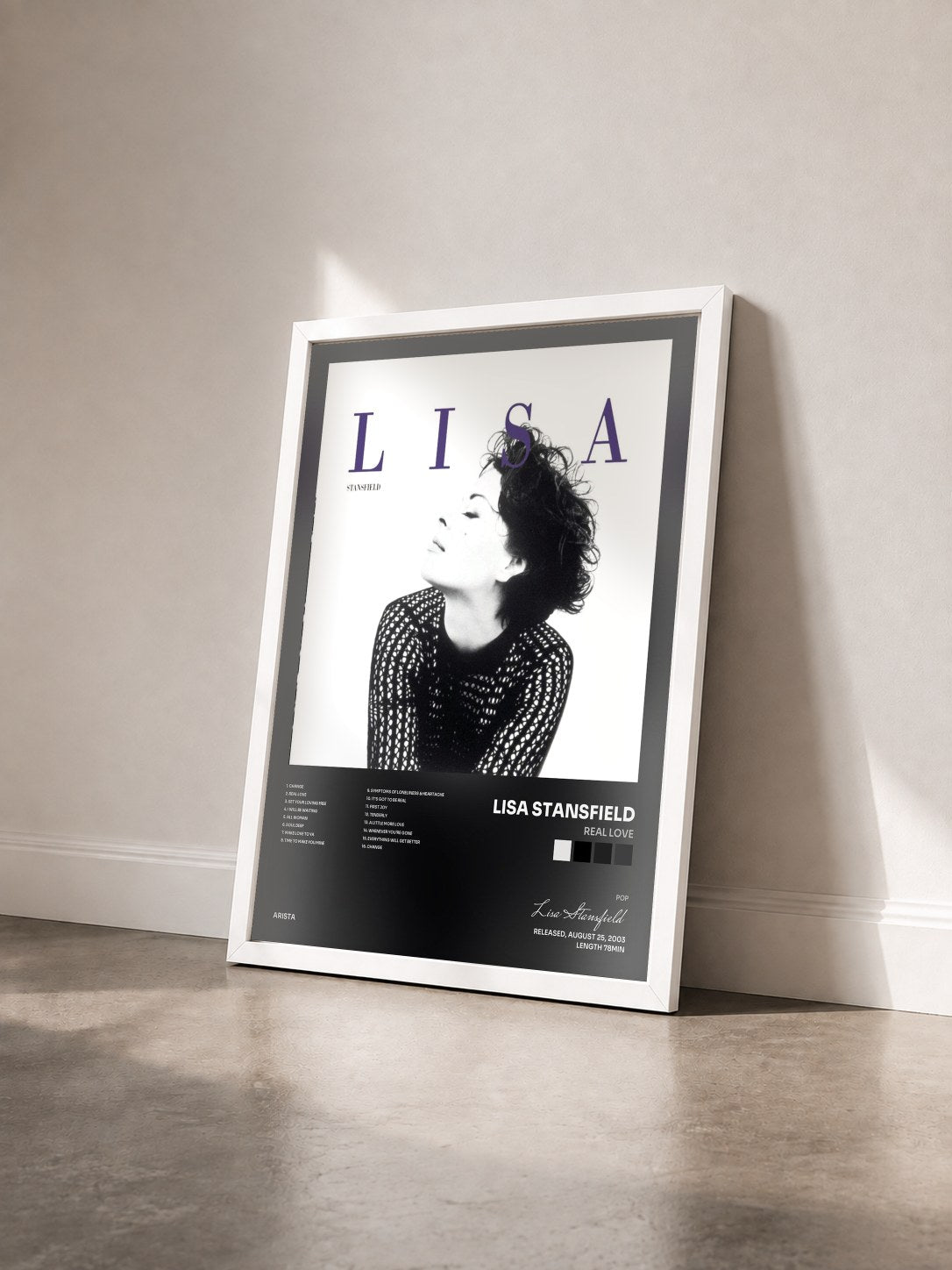 #blanc Tableau de l'album Real Love de Lisa Stansfield vu de trois quarts, cadre blanc
