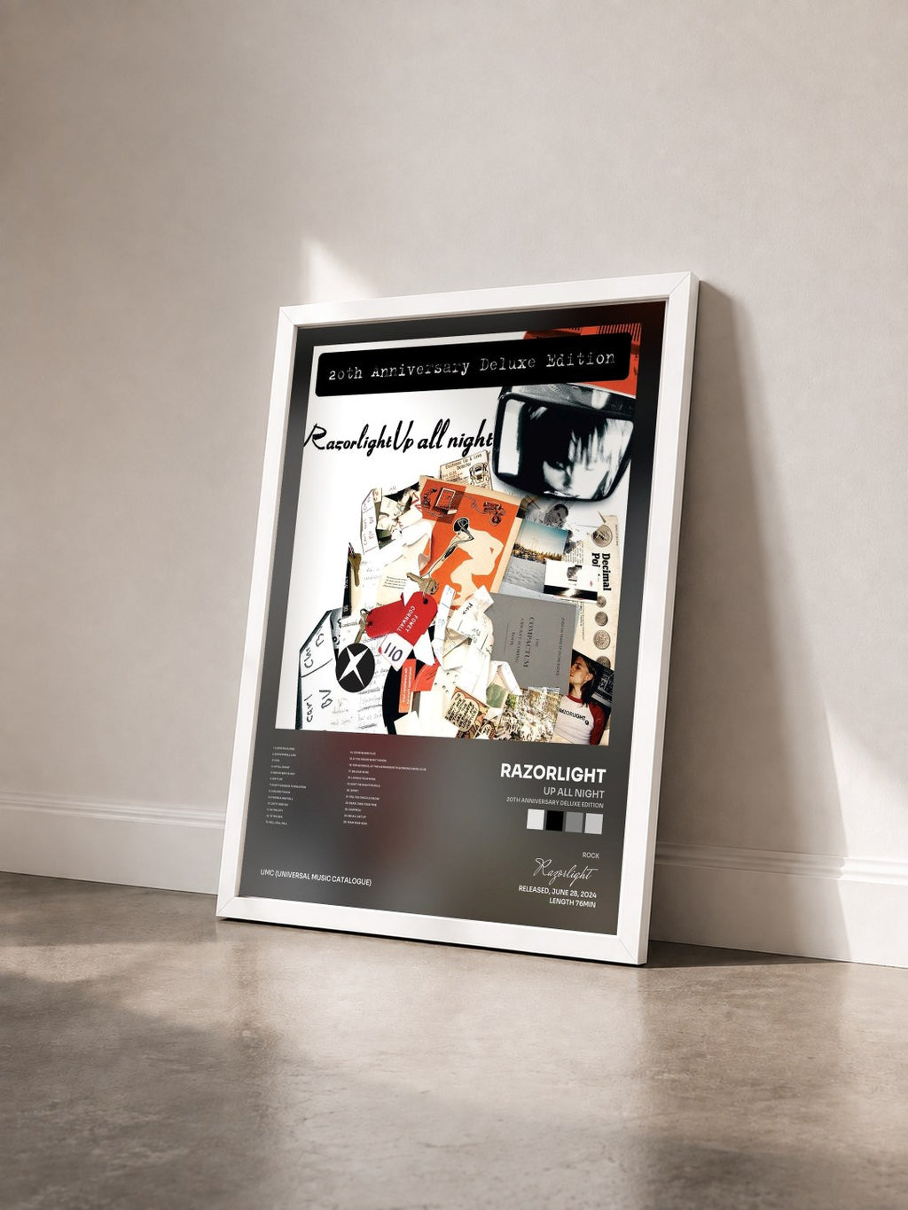 #blanc Tableau de l'album Up All Night (20th Anniversary Deluxe Edition) de Razorlight vu de trois quarts, cadre blanc