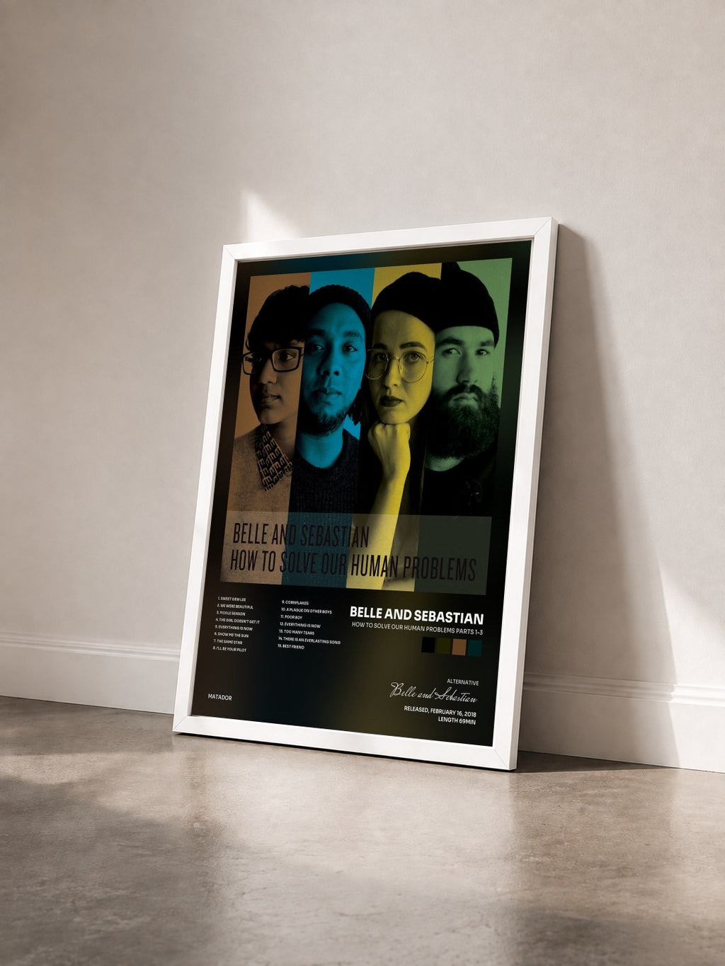 #blanc Tableau de l'album How To Solve Our Human Problems Parts 1-3 de Belle and Sebastian vu de trois quarts, cadre blanc
