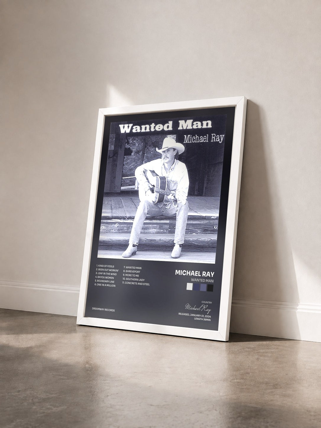 #blanc Tableau de l'album Wanted Man de Michael Ray vu de trois quarts, cadre blanc