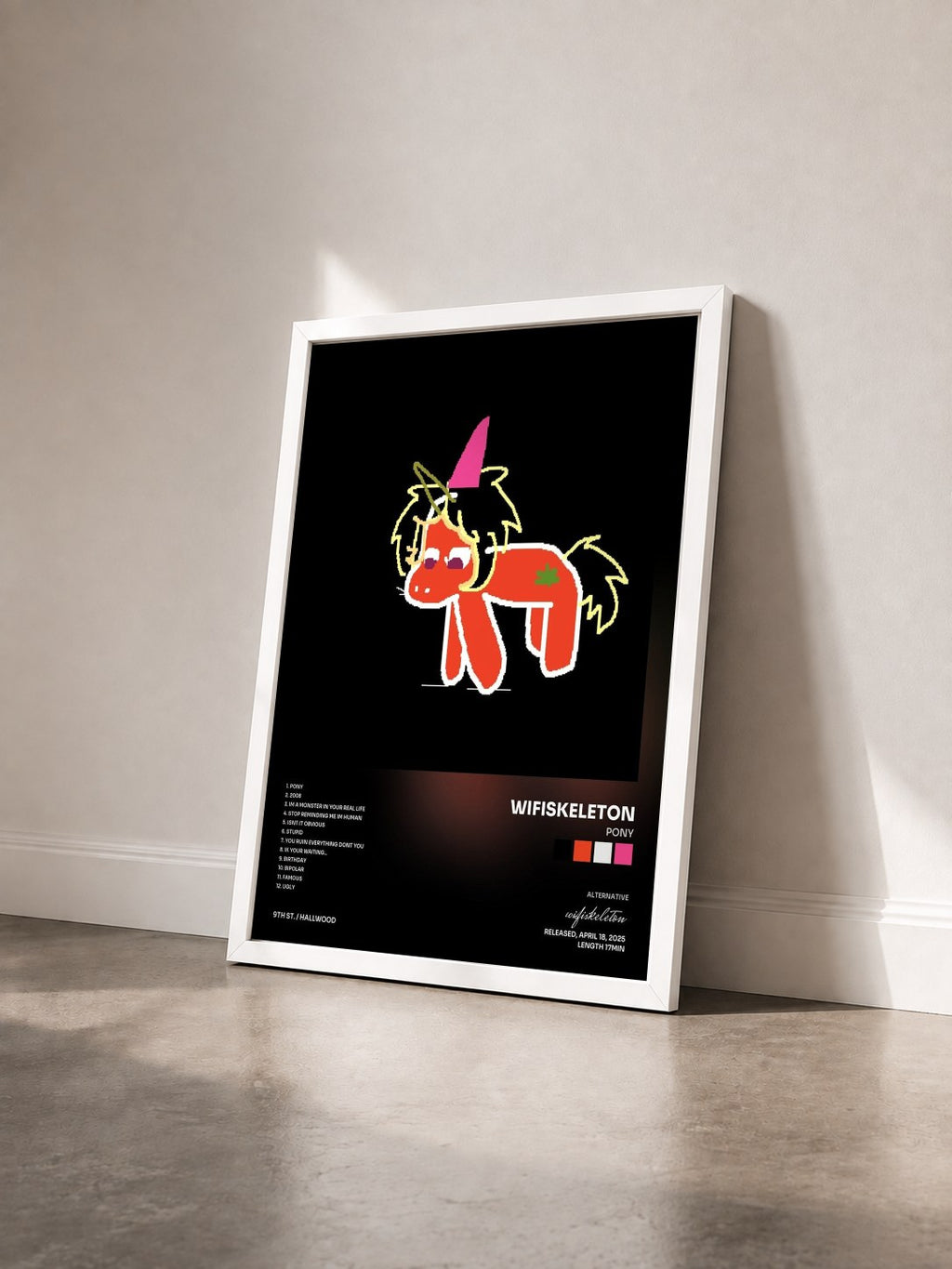 #blanc Tableau de l'album pony de wifiskeleton vu de trois quarts, cadre blanc
