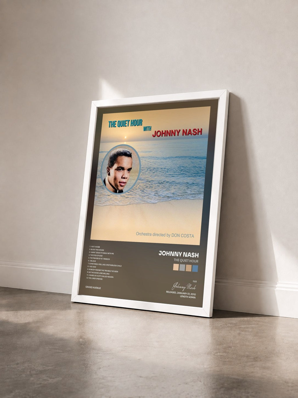 #blanc Tableau de l'album The Quiet Hour de Johnny Nash vu de trois quarts, cadre blanc