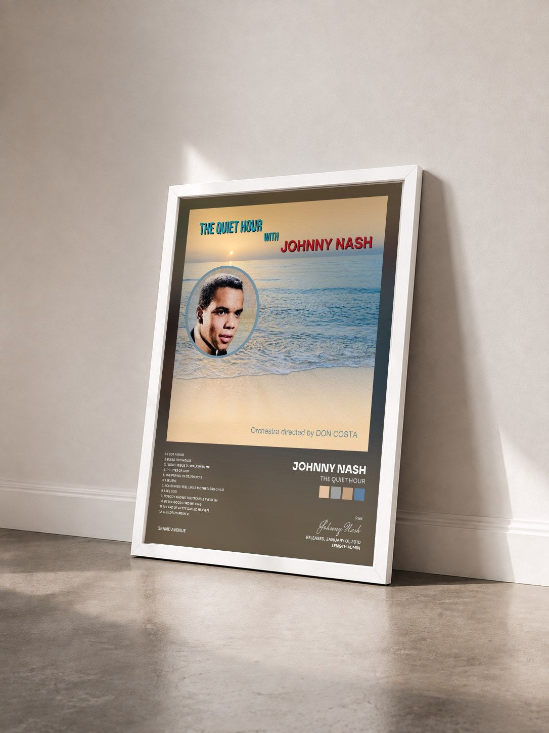 #blanc Tableau de l'album The Quiet Hour de Johnny Nash vu de trois quarts, cadre blanc