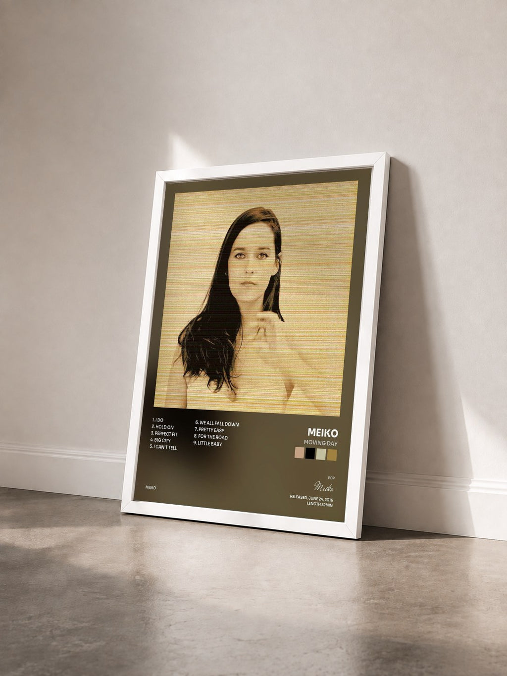 #blanc Tableau de l'album Moving Day de Meiko vu de trois quarts, cadre blanc