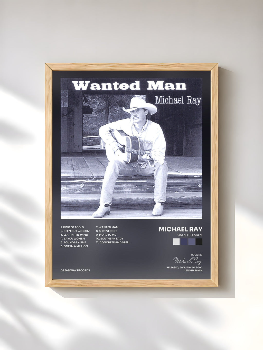 #bois Tableau de l'album Wanted Man de Michael Ray, cadre en bois brut, imprimé et encadré en France