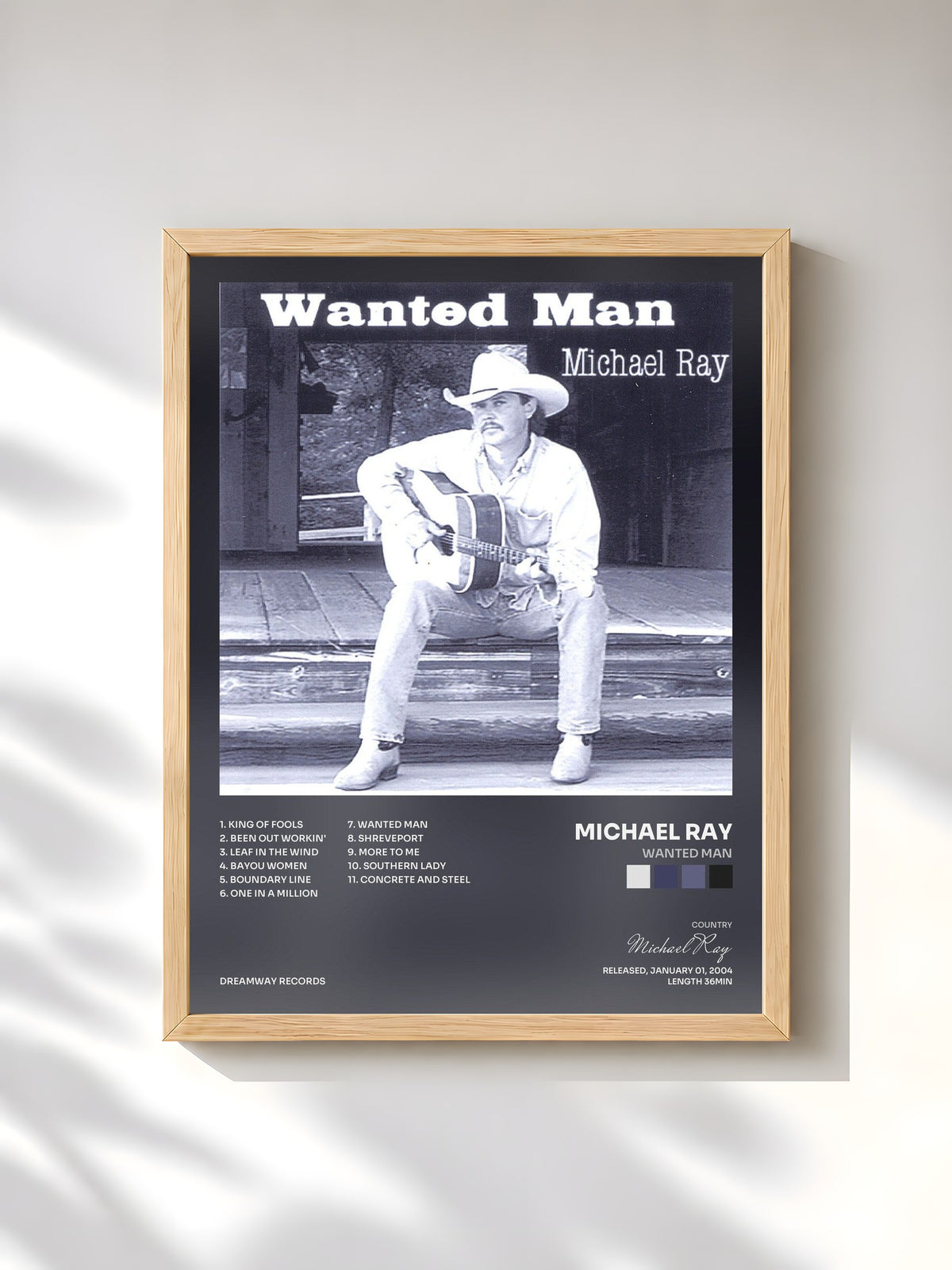 #bois Tableau de l'album Wanted Man de Michael Ray, cadre en bois brut, imprimé et encadré en France