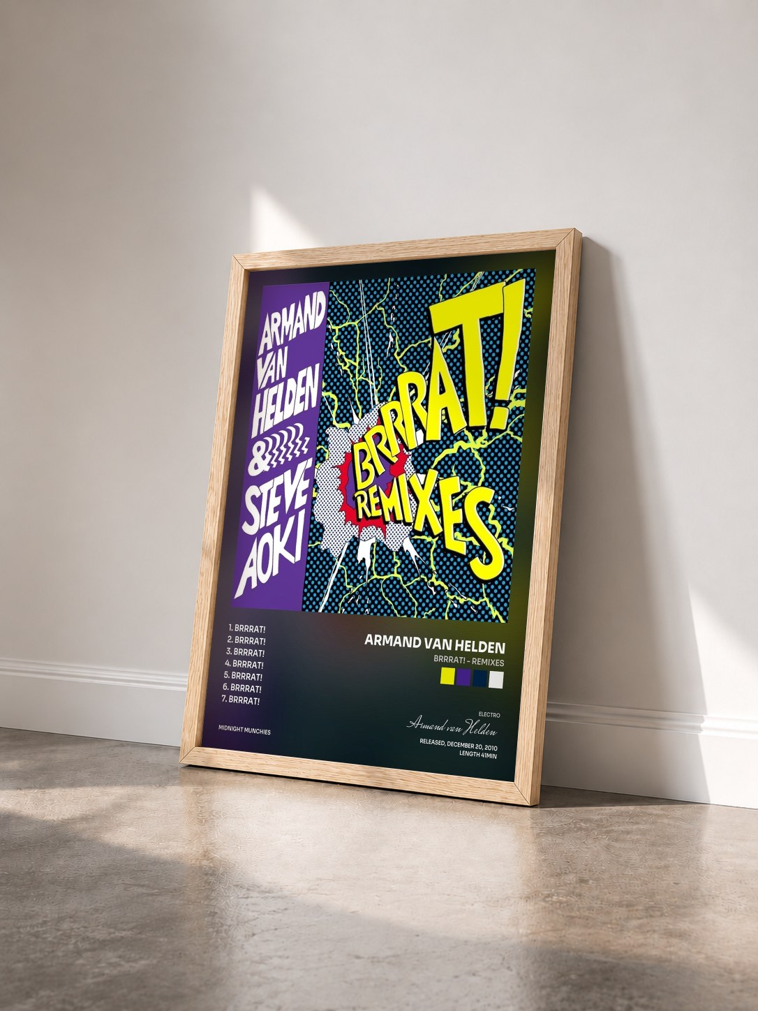#bois Tableau de l'album BRRRAT! (Remixes) de Armand van Helden vu de trois quarts, cadre en bois brut