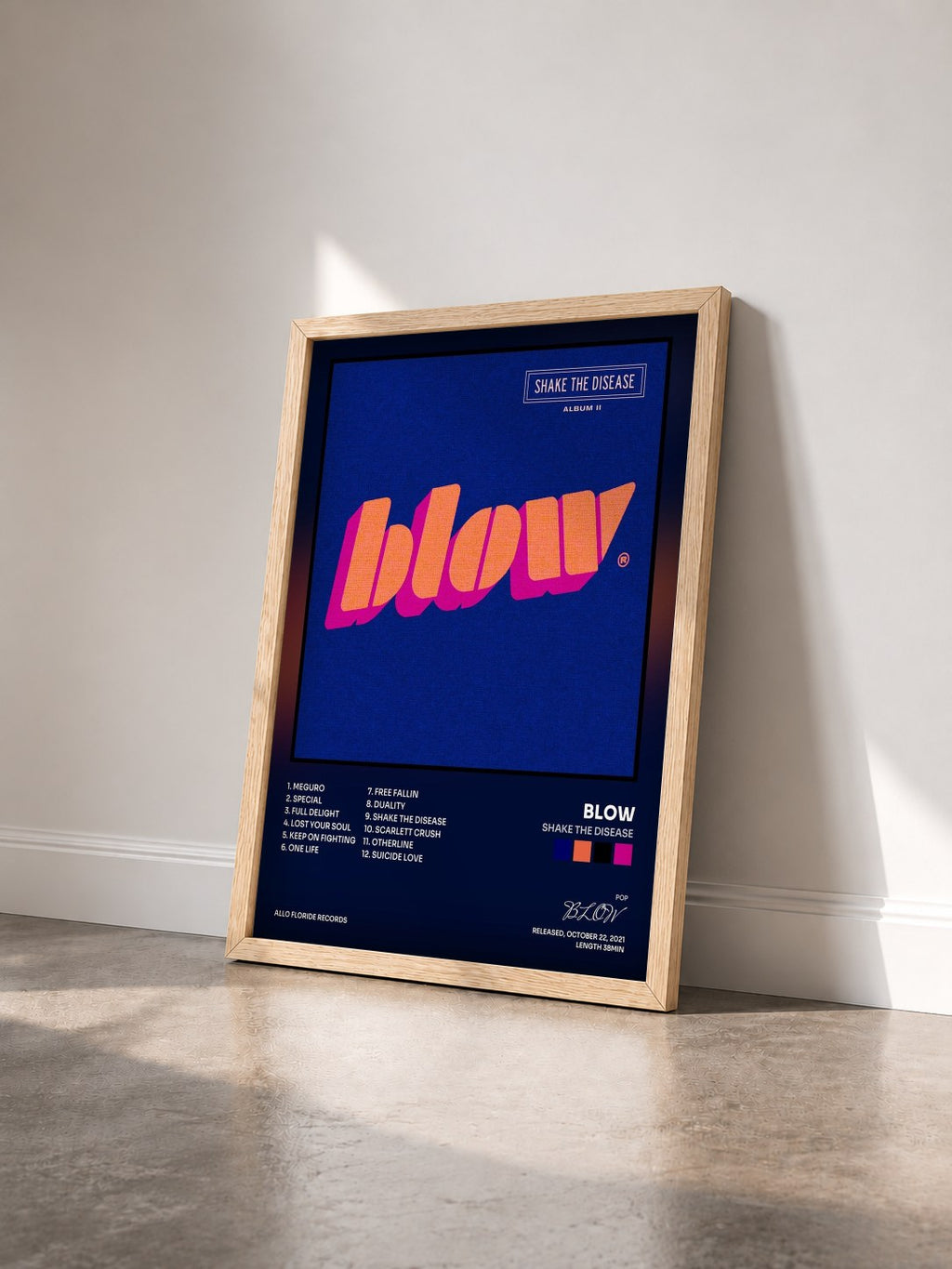 #bois Tableau de l'album Shake the Disease de BLOW vu de trois quarts, cadre en bois brut