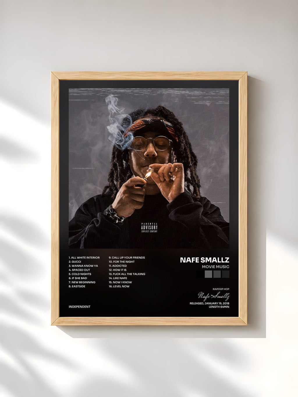 #bois Tableau de l'album Movie Music de Nafe Smallz, cadre en bois brut, imprimé et encadré en France