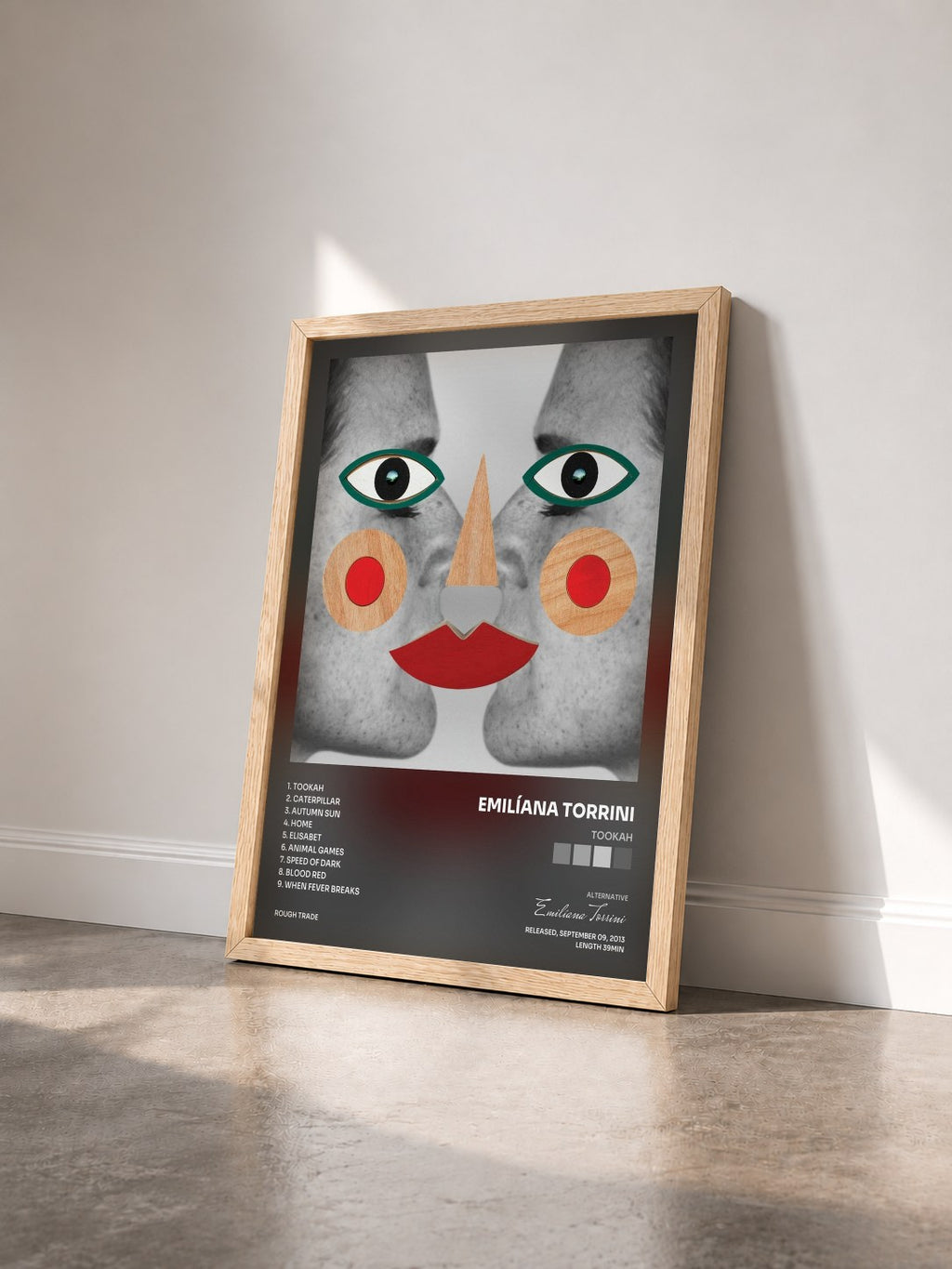#bois Tableau de l'album Tookah de Emilíana Torrini vu de trois quarts, cadre en bois brut