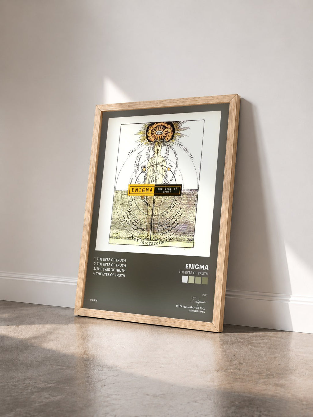 #bois Tableau de l'album The Eyes Of Truth de Enigma vu de trois quarts, cadre en bois brut