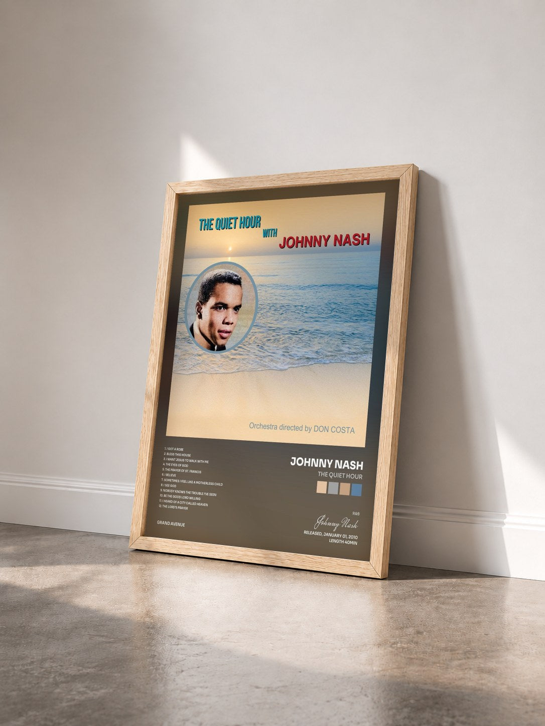 #bois Tableau de l'album The Quiet Hour de Johnny Nash vu de trois quarts, cadre en bois brut