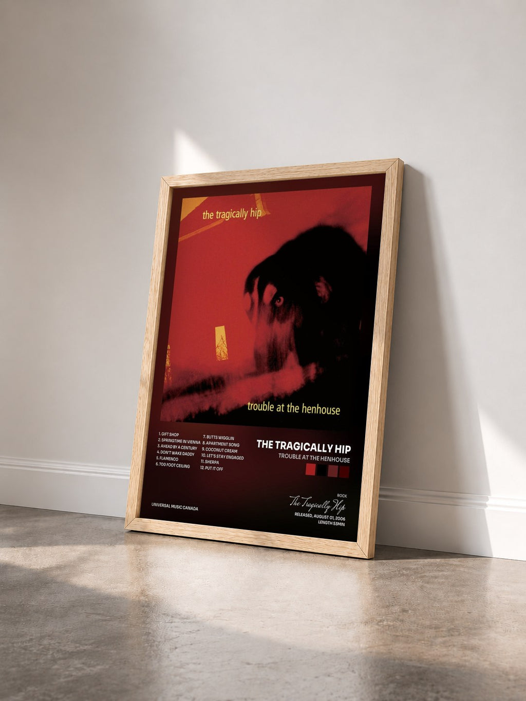 #bois Tableau de l'album Trouble At The Henhouse de The Tragically Hip vu de trois quarts, cadre en bois brut