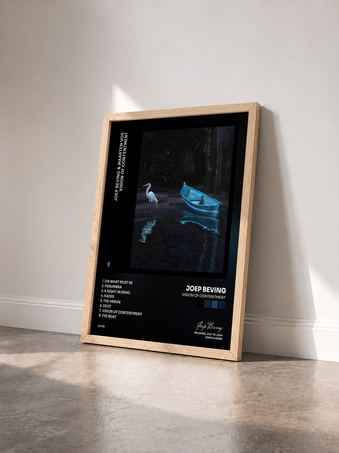 #bois Tableau de l'album vision of contentment de Joep Beving vu de trois quarts, cadre en bois brut