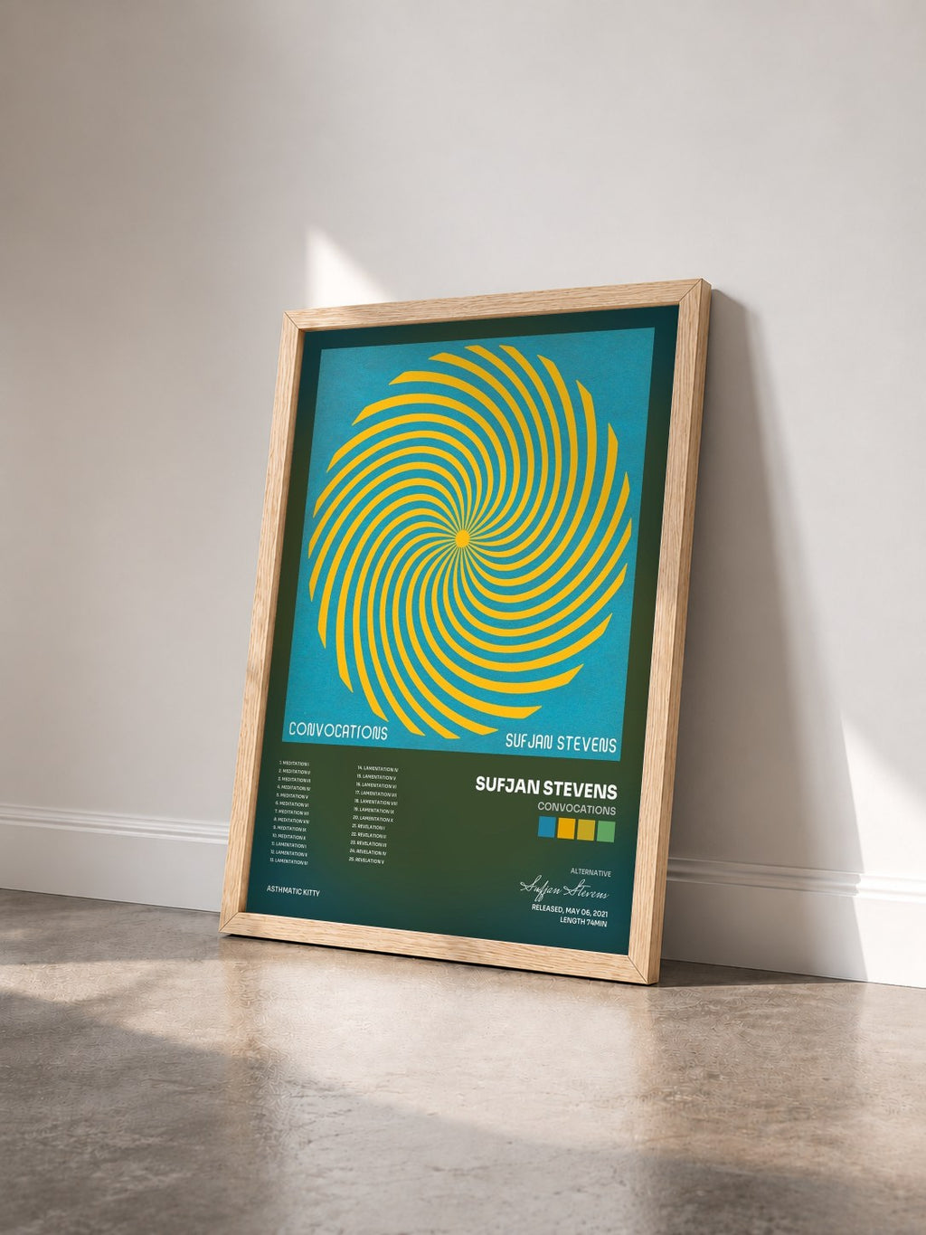 #bois Tableau de l'album Convocations de Sufjan Stevens vu de trois quarts, cadre en bois brut