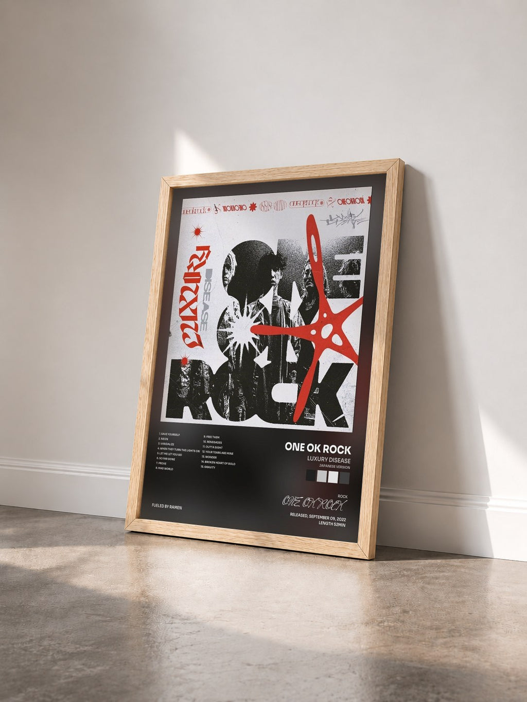 #bois Tableau de l'album Luxury Disease (Japanese Version) de ONE OK ROCK vu de trois quarts, cadre en bois brut