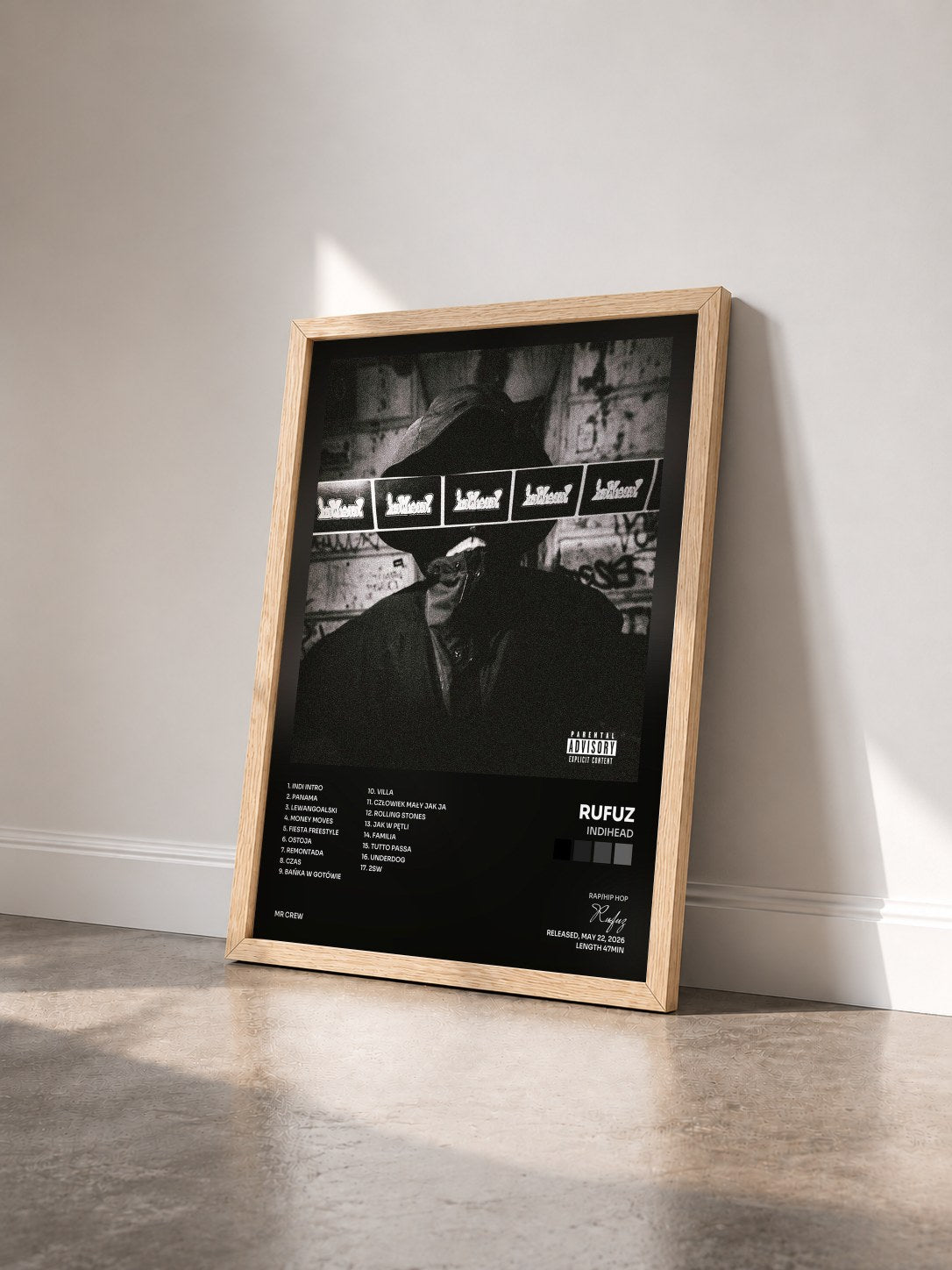 #bois Tableau de l'album INDIHEAD de Rufuz vu de trois quarts, cadre en bois brut