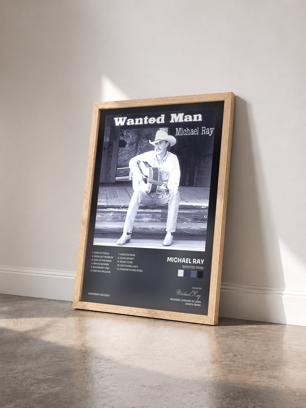 #bois Tableau de l'album Wanted Man de Michael Ray vu de trois quarts, cadre en bois brut