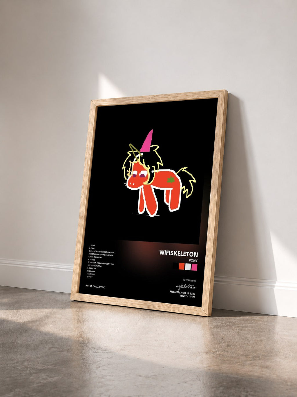 #bois Tableau de l'album pony de wifiskeleton vu de trois quarts, cadre en bois brut
