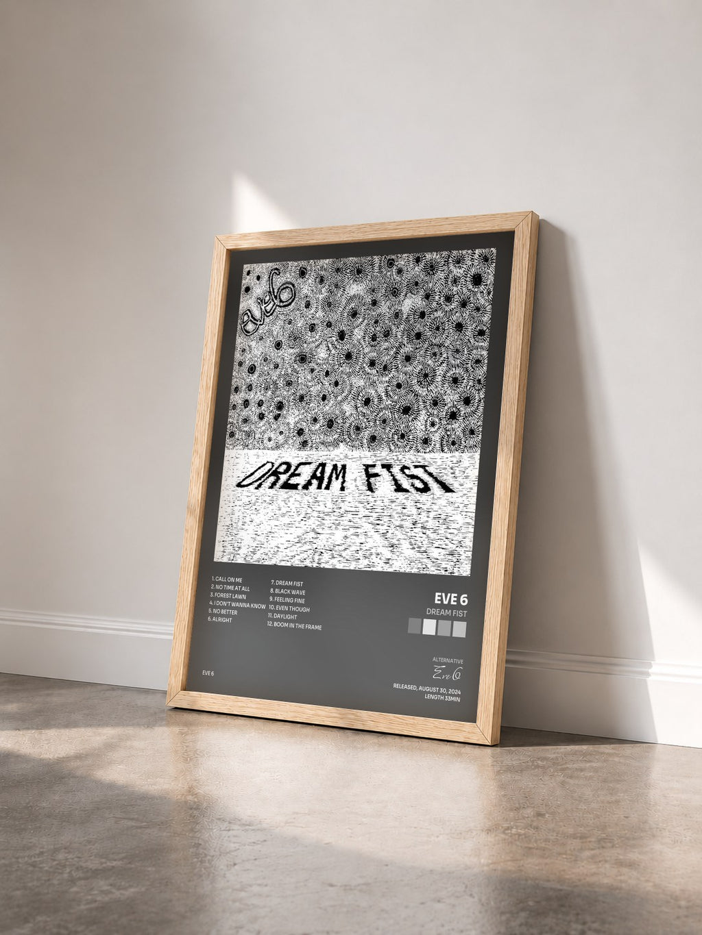 #bois Tableau de l'album Dream Fist de Eve 6 vu de trois quarts, cadre en bois brut