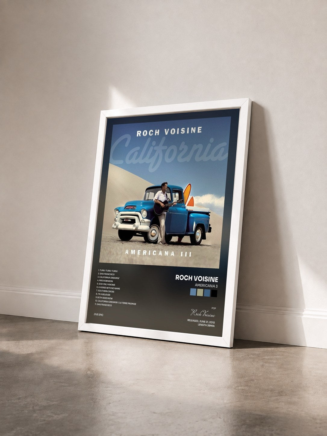 #blanc Tableau de l'album Americana 3 de Roch Voisine vu de trois quarts, cadre blanc