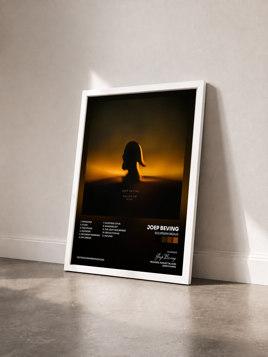 #blanc Tableau de l'album Solipsism Redux de Joep Beving vu de trois quarts, cadre blanc