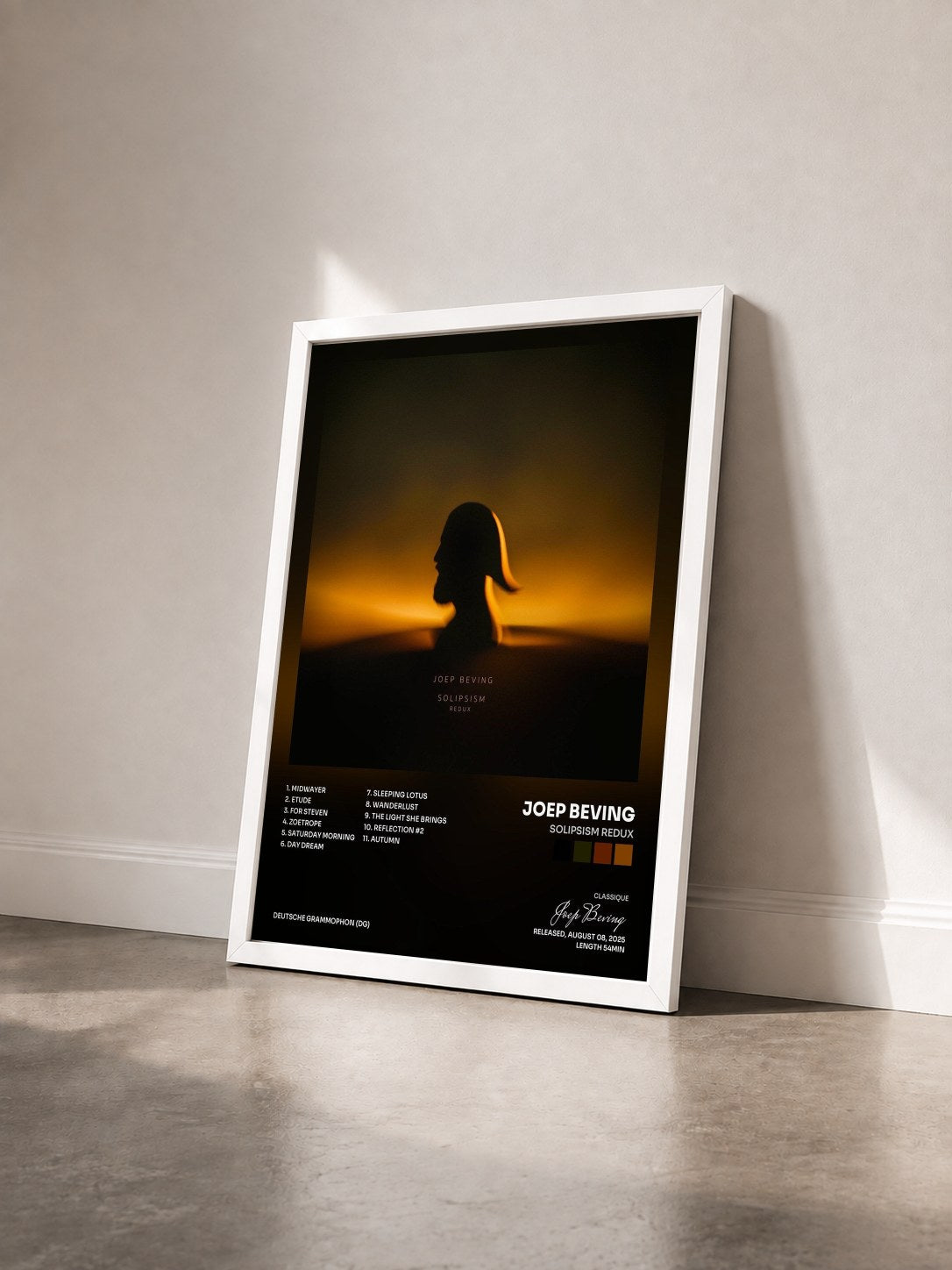 #blanc Tableau de l'album Solipsism Redux de Joep Beving vu de trois quarts, cadre blanc