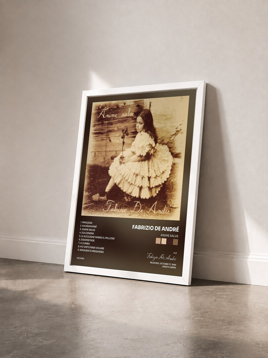 #blanc Tableau de l'album Anime Salve de Fabrizio De André vu de trois quarts, cadre blanc