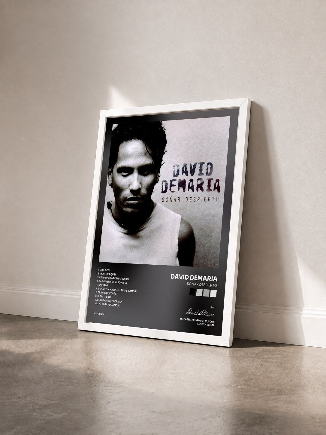#blanc Tableau de l'album Soñar despierto de David deMaria vu de trois quarts, cadre blanc