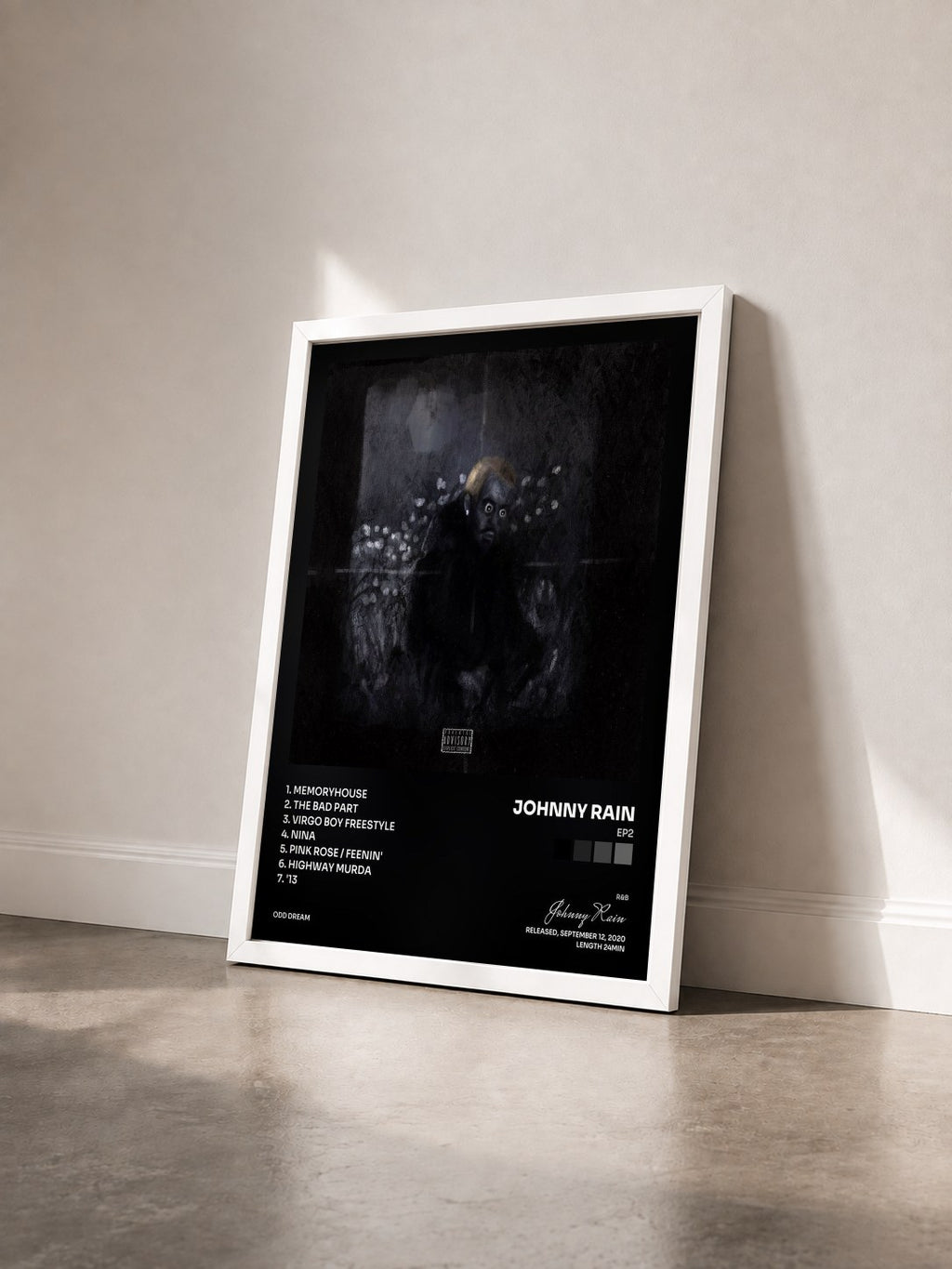 #blanc Tableau de l'album EP2 de Johnny Rain vu de trois quarts, cadre blanc
