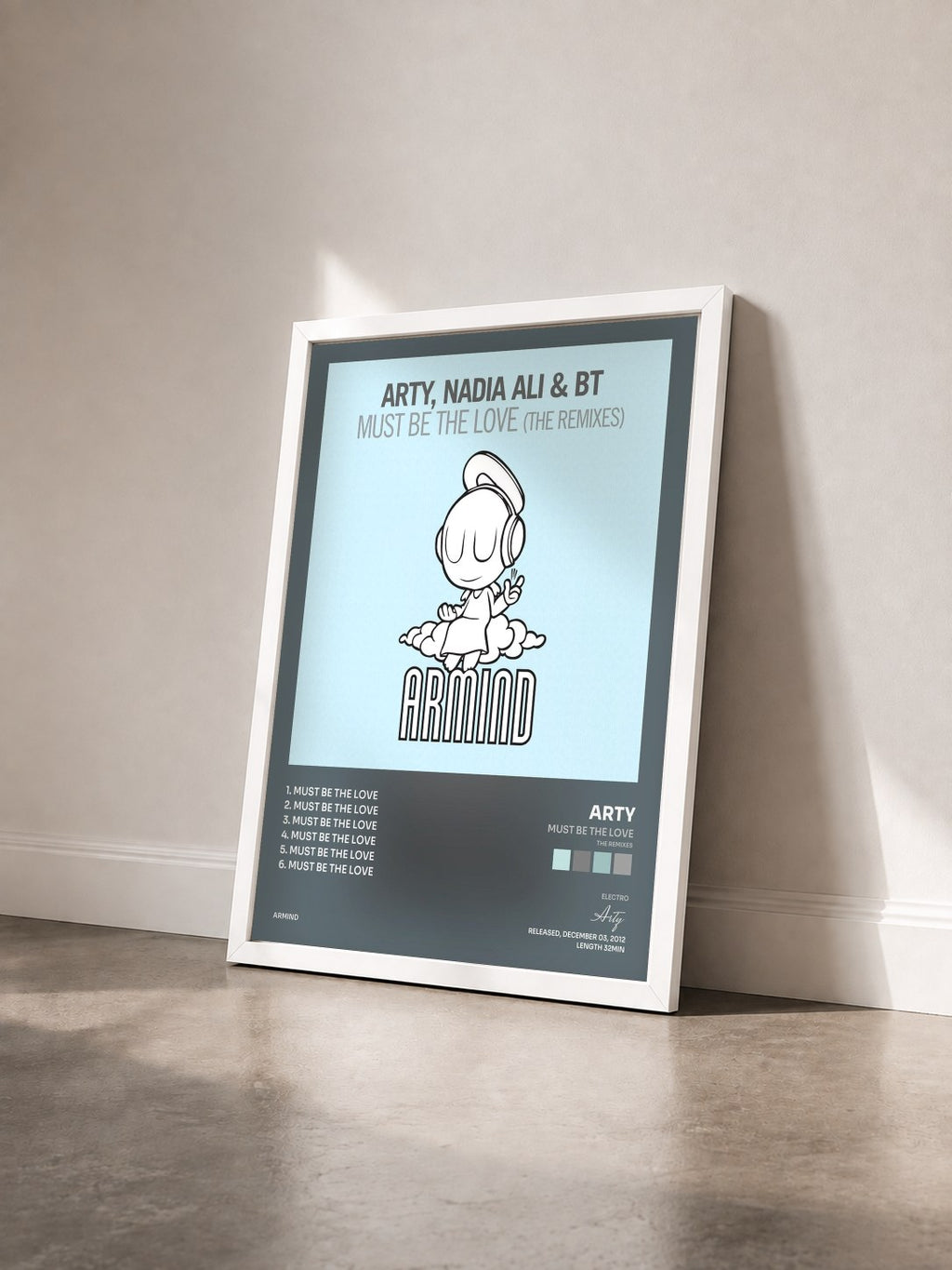#blanc Tableau de l'album Must Be The Love (The Remixes) de Arty vu de trois quarts, cadre blanc
